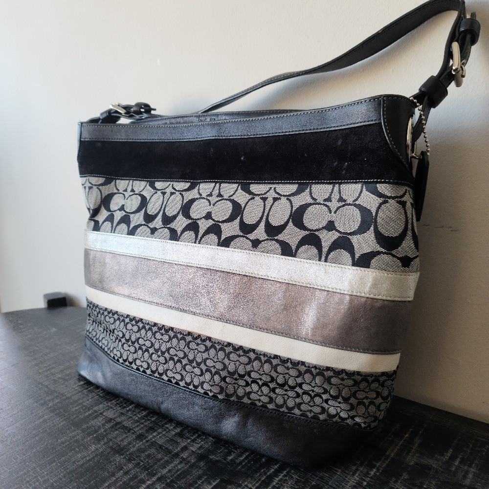 Coach Signature Large Leather Suede Fabric Hobo Shoulder Bag